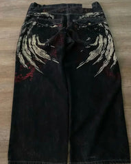 Wings Motif Baggy Jeans Shorts
