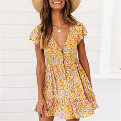 Cute Ditsy Floral Prints V Neck Button Through Mini Dress