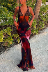 inostorâ„?Abstract Floral Print Lace Patchwork Back Lace-up Maxi Dress