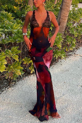 inostorâ„?Abstract Floral Print Lace Patchwork Back Lace-up Maxi Dress