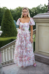 inostorâ„?Sweet and fresh puff-sleeved floral mesh dress with earrings