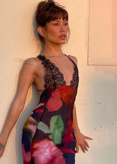 inostorâ„?Abstract Floral Print Lace Patchwork Back Lace-up Maxi Dress