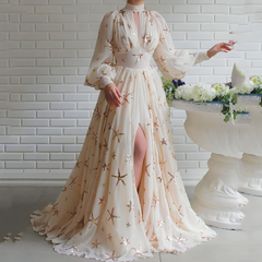 inostorâ„?Star Sequin Lantern Sleeve Chiffon Slit Dress