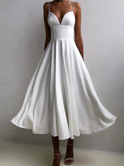 inostorâ„?A-Line Ruffles V-neck Sleeveless Satin Tea-Length Dress