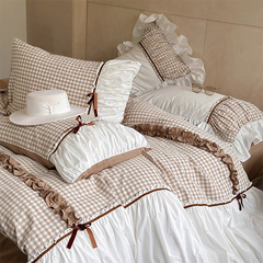 Beige Gingham with Bow Ruched Duvet Cover