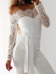 Cozy Lace Off The Shoulder Tie Jumpsuit Pantsuits
