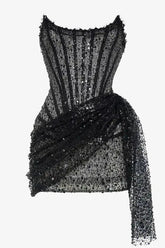 Sequin Corset Draped Strapless Mini Dress