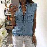 Casual Button Up Sleeveless Denim Shirt Blouses