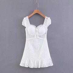 Elegant Criss Cross White Lace Eyelet Dress Puff Sleeve