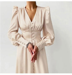 Glossy Retro Button Lantern Sleeve Satin Flowy Nye Midi Dress