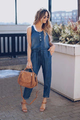 Casual High Waisted Button Up Drawstring Denim Jumpsuit Playsuits