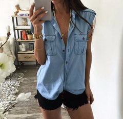 Casual Button Up Sleeveless Denim Shirt Blouses