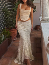 inostorâ„?Floral Pattern Contrast Lace Mermaid Skirt, Vintage Slim High Waist Maxi Skirt For Spring & Summer