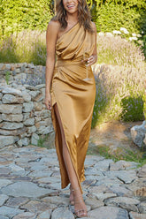 inostorâ„?Satin Asymmetric One Shoulder Drape Slit Maxi Dress