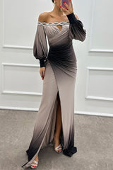 inostorâ„?Gradient Printed Strapless Jewel Detail Slit Gown Dresses