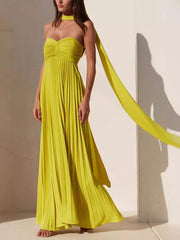 inostorâ„?Pure color strapless pressed pleated dress