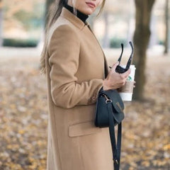 Classic Lapel Collar Wool Blend Long Woolen Winter Jacket Peacoat