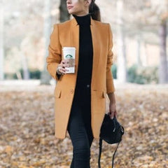 Classic Lapel Collar Wool Blend Long Woolen Winter Jacket Peacoat