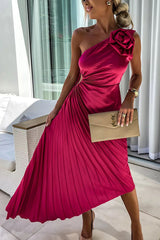 inostorâ„?Romantic Nights Satin Raised Flower Elastic Cutout One Shoulder Pleated Maxi Dress