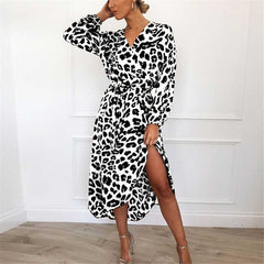 Classy Retro Asymmetric Long Sleeve Wrap Tie Leopard Midi Dress Bodycon