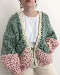 Color Block Contrast Duo Stitch Chunky Cable Knit Heavy Cardigan Sweater