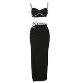 Contrast Color Camisole Slim Fit Side Slit Skirt Set