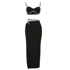 Contrast Color Camisole Slim Fit Side Slit Skirt Set