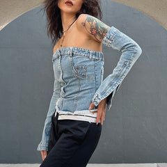 Denim Corset Top With Separate Long Sleeves