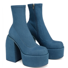 Denim Edgy Chunky Heeled Platform Boots