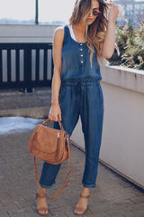 Casual High Waisted Button Up Drawstring Denim Jumpsuit Playsuits