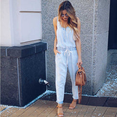 Casual High Waisted Button Up Drawstring Denim Jumpsuit Playsuits