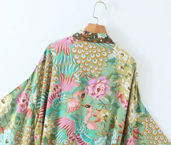 Green Floral Print Kimono With Brown Lapel