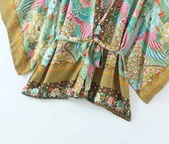 Green Floral Print Kimono With Brown Lapel