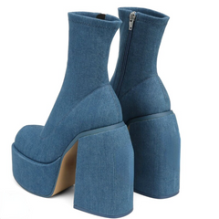 Denim Edgy Chunky Heeled Platform Boots