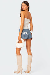 Ribbon Bow Pockets Denim Shorts