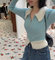 Color Block Ribbed Cropped Cardigan