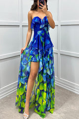 inostorâ„?Gradient Unique Print Flowing Layered Ruffles Strapless Slit Maxi Dress
