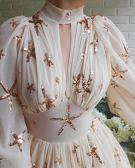 inostorâ„?Star Sequin Lantern Sleeve Chiffon Slit Dress