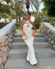 inostorâ„?Knit Floral Crochet Halter Fishtail Hem Maxi Dress