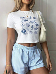 Marine Animal Seashell White Crop Top