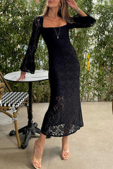 inostorâ„?Luxe Lace Square Neck Bell Sleeve Lined Slit Midi Dress