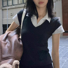 Casual Fake Two Piece Short Sleeve Shirt With Collar