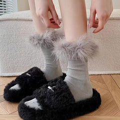 Faux Fur Crew Socks - Camel