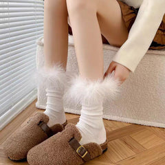 Faux Fur Crew Socks - Grey