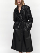 Double Breasted Full Length Black Patent Faux Leather Trench Coat