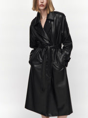 Double Breasted Full Length Black Patent Faux Leather Trench Coat