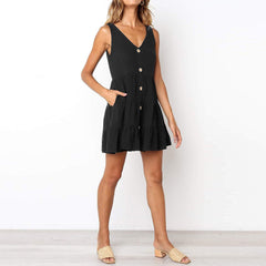 Cute Ruched V Neck Button Down Flowy A Line Sundress