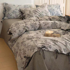 Floral Jacquard Bedding Set with Bow Tie - Grey
