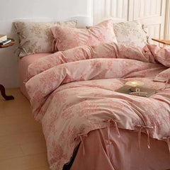 Floral Jacquard Bedding Set with Bow Tie - Pink