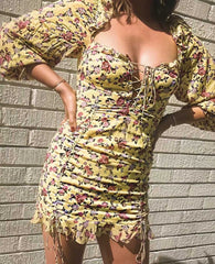 Chiffon Floral Ruffle Hem Runched Lace Up Dress Short
